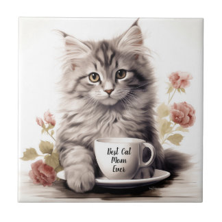 Best Cat Mum Ever Cute Kitten Ceramic Tile