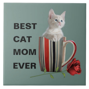 Best Cat Mum Ever kitten coffee mug flower modern Ceramic Tile