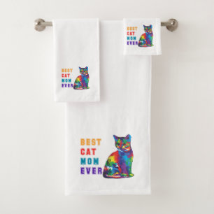 Best cat mum ever text multicolor cute cat lover bath towel set