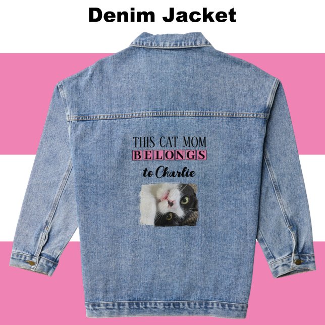 Best cat mum photo add name pink denim jacket (Creator Uploaded)