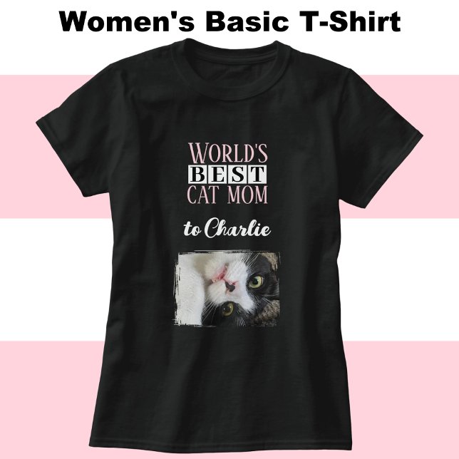 Best cat mum photo add name pink white T-Shirt (Creator Uploaded)