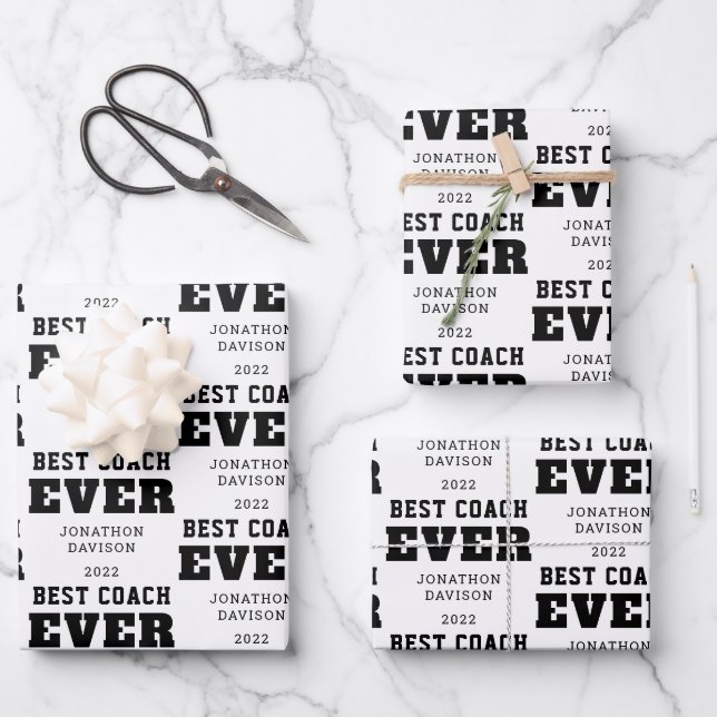 Best Coach Ever Name Year White Black Wrapping Paper Sheet (Front)