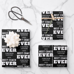 Best Coach Ever Typography Name Year White Black Wrapping Paper Sheet