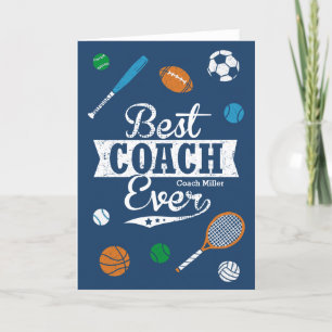 Best Coach Ever with name and sports equipment Thank You Card