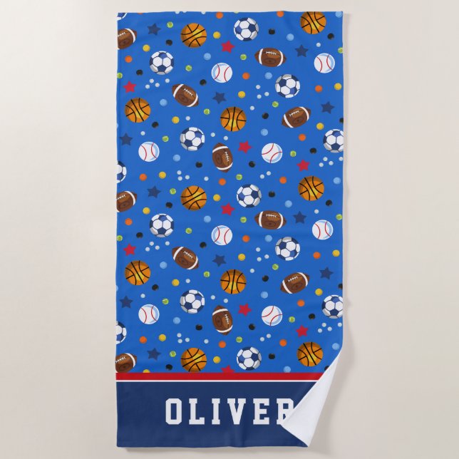 Best Colourful Royal Blue Sports Balls Beach Towel (Front)