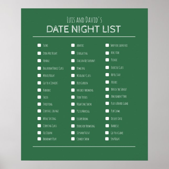 Best couple's gift date night bucket list poster (Front)