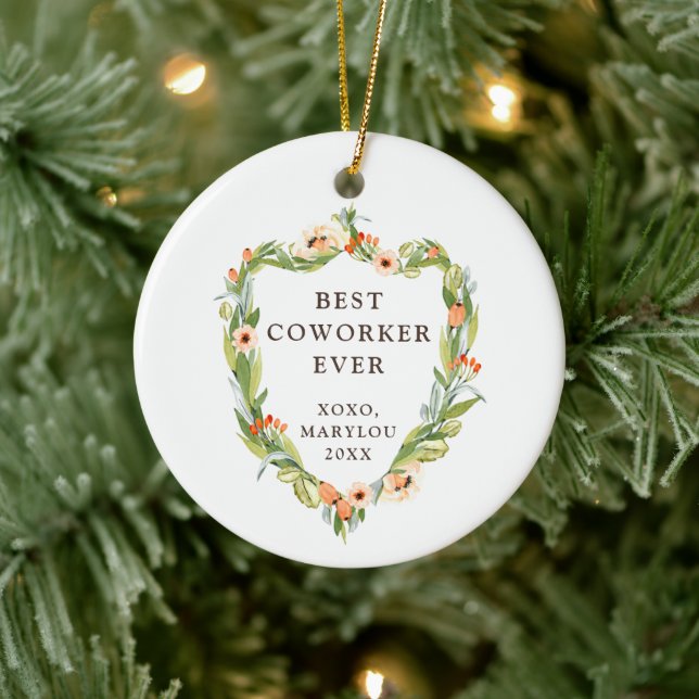 Best Coworker Ever Personalised Floral Greenery Ceramic Ornament (Tree)