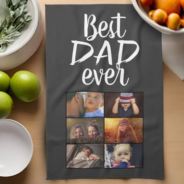 Best Dad 6 Photo Collage Family Photo Grey Tea Towel (Creator Uploaded)