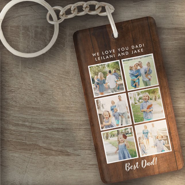 Best Dad! 6 Photos Custom Message Rustic Wood Key Ring (Creator Uploaded)