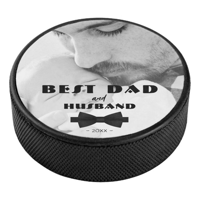 Best Dad and Husband Black Tie Elegant Photo  Hockey Puck (3/4)