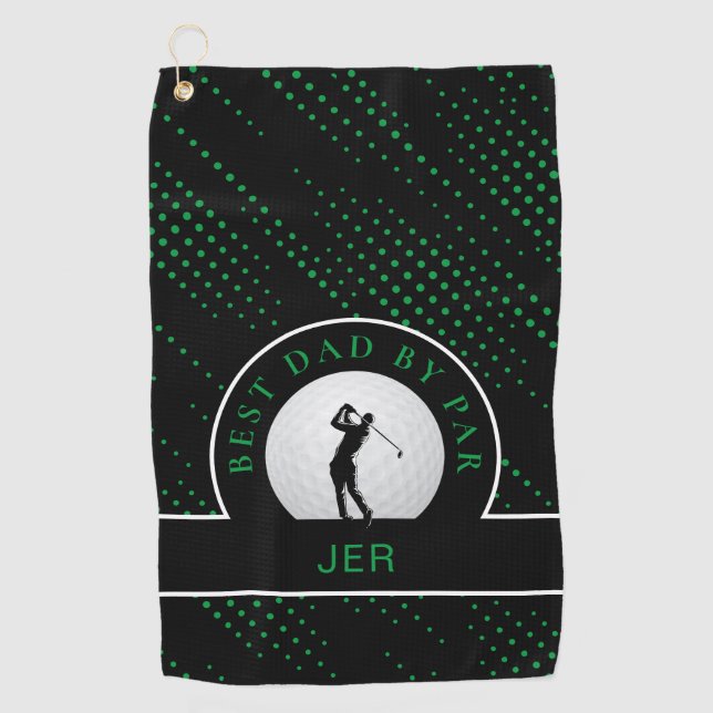 Best Dad By Par Custom Golfer Silhouette Black Golf Towel (Front)