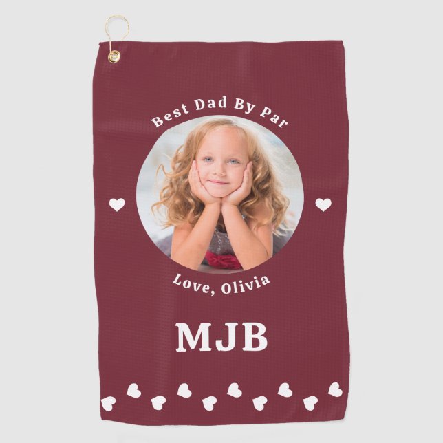 Best DAD By Par Custom Photo Modern Red Golf Towel (Front)