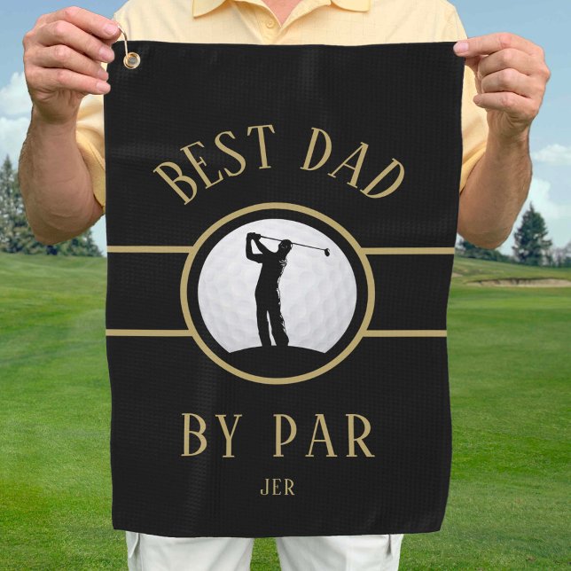 Best Dad By Par Golf Quote Monogrammed Black Gold Golf Towel (Best Dad By Par Golfer Quote Monogrammed Black Gold Golf Towel Masculine Custom Gift For Him)