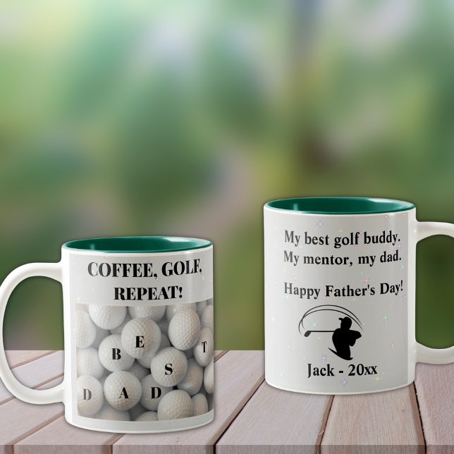 Best Dad. Coffee, Golf, Repeat.  Two-Tone Coffee Mug (Personalize to add your names/dates.  Customize to change text, color or style.)