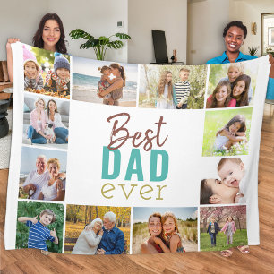 Best Dad Ever 12 Photo Collage Teal White Fleece Blanket