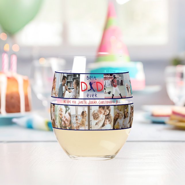 Best Dad Ever 20 Photo Collage Modern Fathers Day Stemless Wine Glass (Insitu (Birthday))