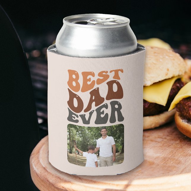 Best Dad Ever 2 Photo and Groovy Retro Typography Can Cooler (Best Dad Ever groovy retro text above one of your favorite photos. Printed both sides - 2 photos)
