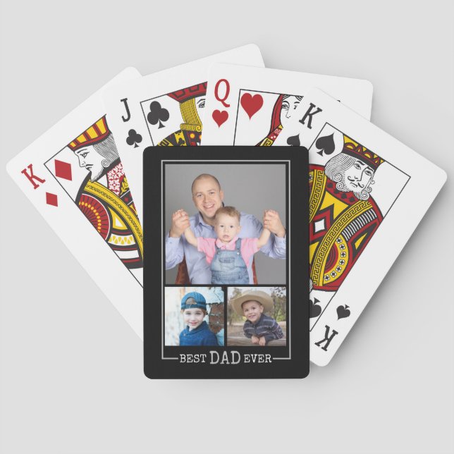 Best Dad Ever 3 Photo Collage Black Playing Cards (Back)