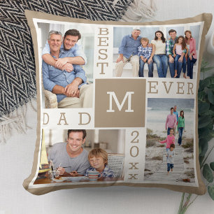 Best Dad Ever 4 Photo Collage Beige White Monogram Cushion