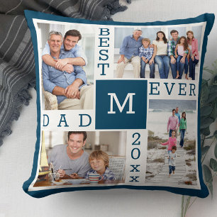 Best Dad Ever 4 Photo Collage Blue White Monogram Cushion