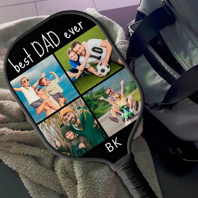 Best Dad Ever 4 Photo Collage Monogram Your Colour Pickleball Paddle (Creator Uploaded)