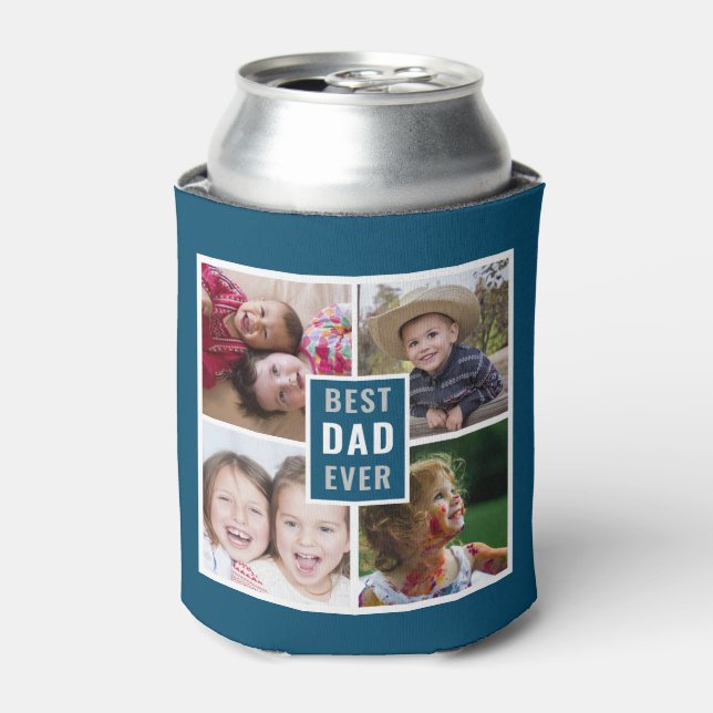 Best Dad Ever 4 Photo Collage Ocean Blue Can Cooler (Can Front)