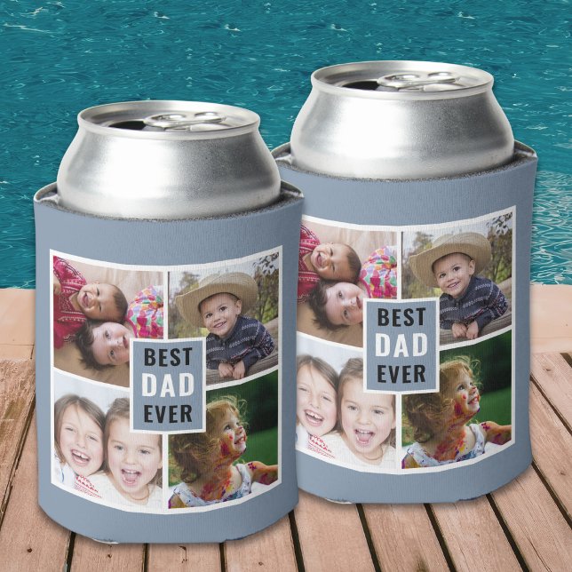 Best Dad Ever 4 Photo Collage Personalized Gray Can Cooler (Creator Uploaded)