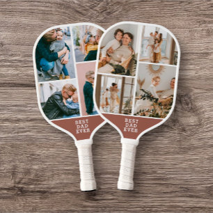 Best Dad Ever 8 Photo Collage Brown Pickleball Paddle