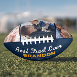 Best Dad Ever Blue Custom Photo Football<br><div class="desc">Custom fathers day football gift featuring a 3 family photo collage,  the text "best dad ever",  dads name,  the kids names,  and the year.</div>