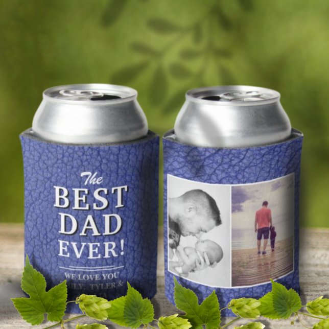 Best Dad Ever Blue Leather Print Photo Collage Can Cooler (Creator Uploaded)