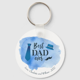 Best DAD ever Blue Watercolor Tie Hat Father's Day Key Ring