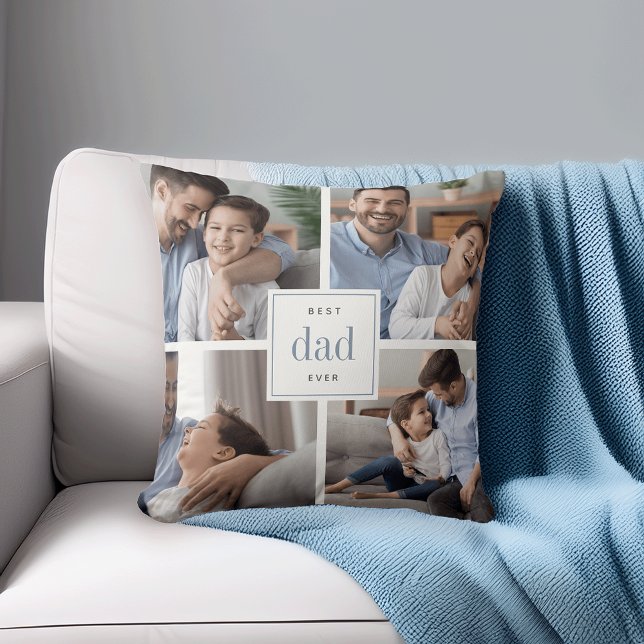 Best Dad Ever | Blue & White Kids Photo Collage Cushion (Creator Uploaded)