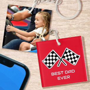 Best Dad Ever Chequered Flags Custom Photo Red Key Ring