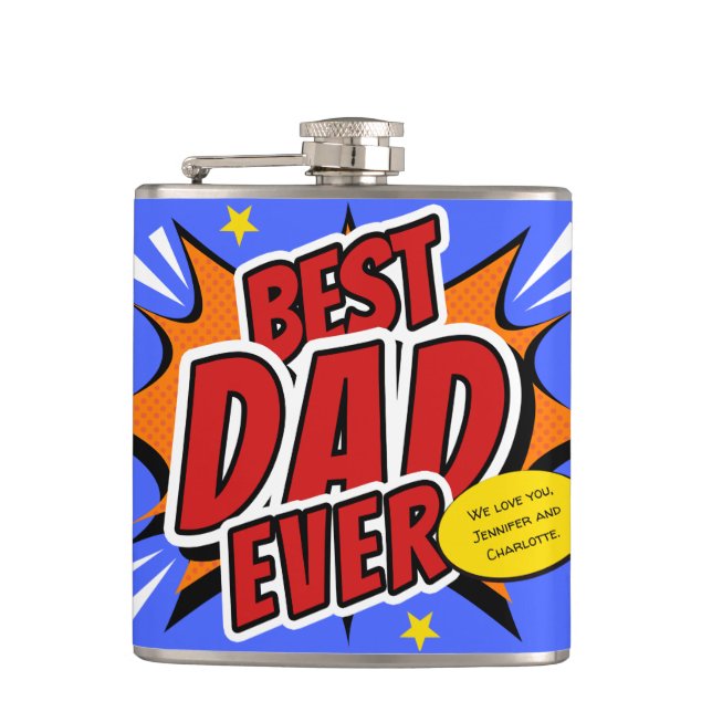 Best Dad Ever Comic Superhero Fathers Day Hip Flask (Front)