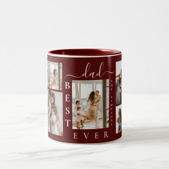 Best Dad Ever Custom 6 Photo Collage Burgundy Two-Tone Coffee Mug (Center)