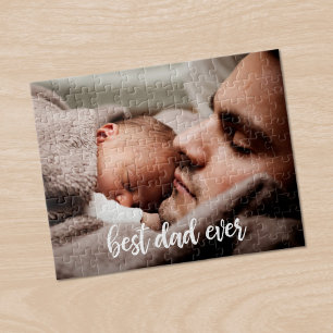 Best Dad Ever Custom Photo Modern White Script Jigsaw Puzzle