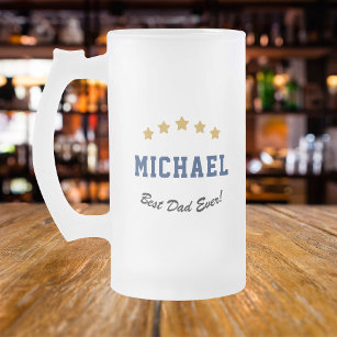 Best Dad Ever Custom Text Gold Stars Personalised Frosted Glass Beer Mug