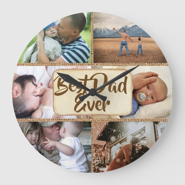 Best dad ever DIY 6 photo rustic jute picture Large Clock (Front)