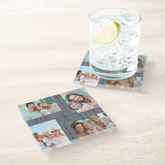 Best Dad Ever Editable 4 Photo Collage Glass Coaster (Angled)