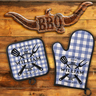 Best Dad Ever Father's Day BBQ Grill Blue Gingham Oven Mitt & Pot Holder Set