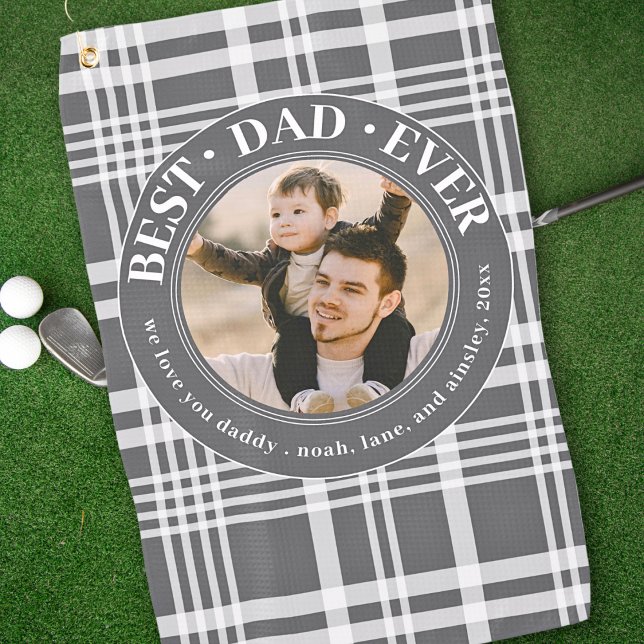 Best Dad Ever Fathers Day Plaid Custom Photo Golf Towel (Creator Uploaded)