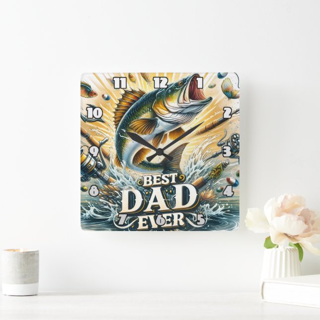 Best Dad Ever: Fishing Action Splash Square Wall Clock (Home)