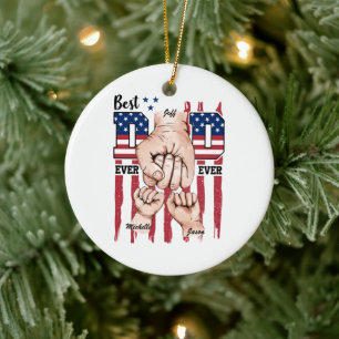 Best Dad Ever – Fist Bump USA Flag - 2 Kids Ceramic Ornament