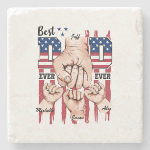 Best Dad Ever – Fist Bump USA Flag - 3 Kids Stone Coaster