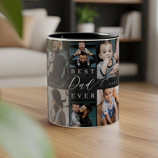  Best Dad Ever Gift Black Woodgrain Photo Collage Two-Tone Coffee Mug (Best Dad Ever Gift Black Woodgrain Photo Collage Two-Tone Coffee Mug)