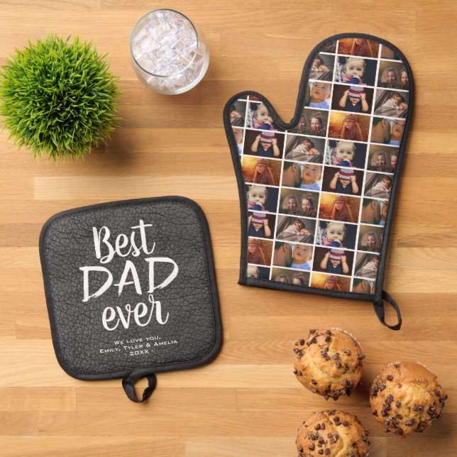 Best Dad Ever Grey Leather Print 6 Photo Collage Oven Mitt & Pot Holder Set (Top Down)