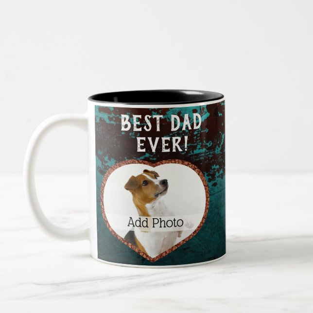 Best Dad Ever heart photo Rusty Teal Aqua meatal Two-Tone Coffee Mug (Left)
