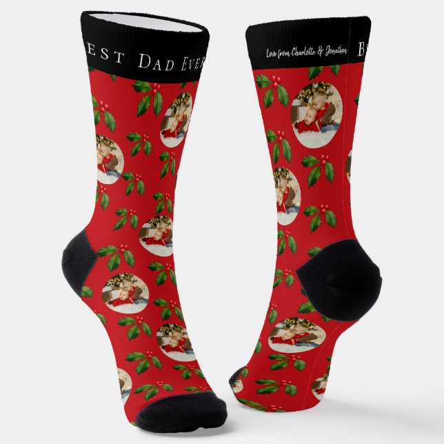 Best Dad Ever Kid Photo & Name Holly Berry Holiday Socks (Angled)