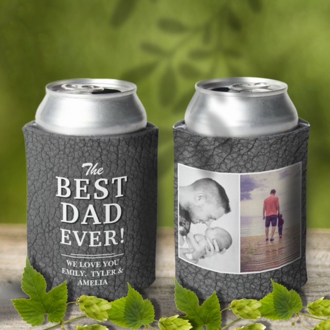 Best Dad Ever Leather Print Photo Collage Can Cooler (Creator Uploaded)