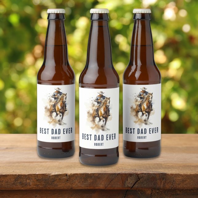 Best Dad Ever | Modern Cowboy Horse Father's Day Beer Bottle Label (Creator Uploaded)